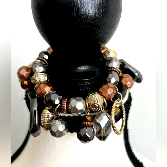 NWT AMBER BRACELET ONYX STONES GOLD TONE METALS BOHEMIAN STYLE. WOMENS STRETCH - Picture 5 of 6